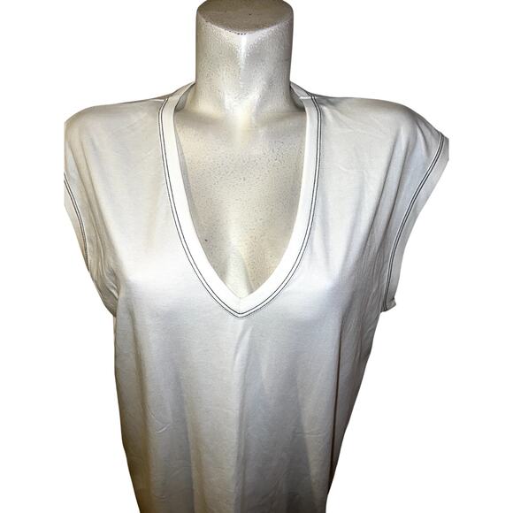 ZARA Dress Sz M White w/Black Stitching V-Neck Midi Slvls Minimalist Shirtdress - Picture 2 of 6